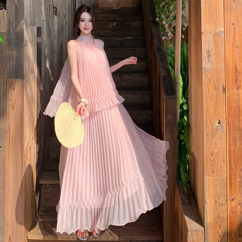 Halter pink dress seaside vacation long dress for women