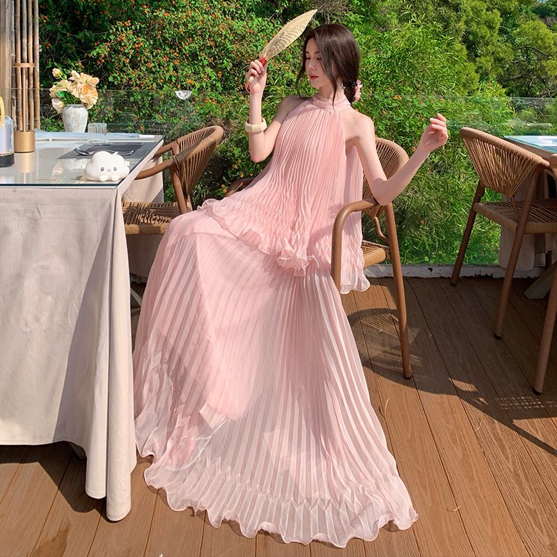 Halter pink dress seaside vacation long dress for women