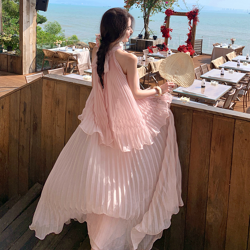 Halter pink dress seaside vacation long dress for women