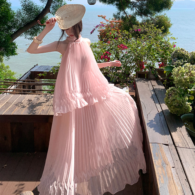 Halter pink dress seaside vacation long dress for women