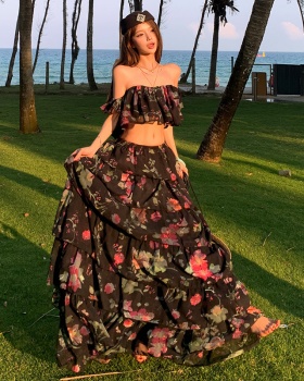 Vacation France style seaside skirt cake floral tops 2pcs set