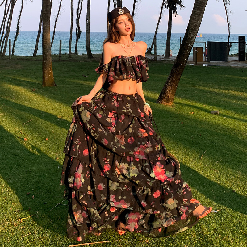 Vacation France style seaside skirt cake floral tops 2pcs set