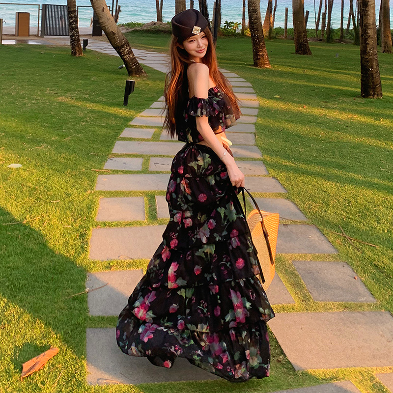 Vacation France style seaside skirt cake floral tops 2pcs set