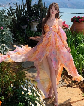 Halter irregular gradient floral tie dye dress for women
