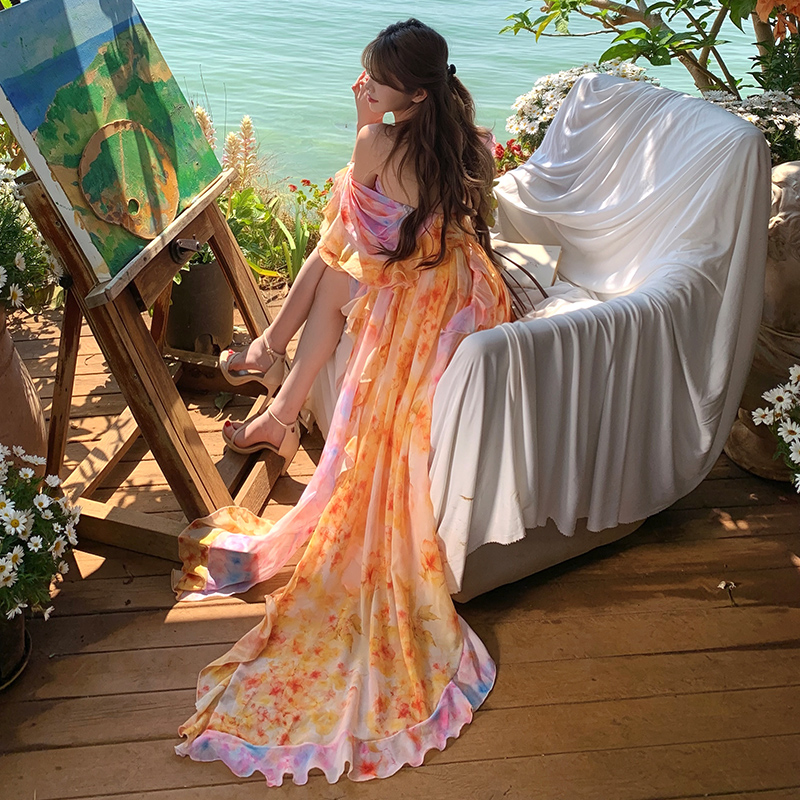 Halter irregular gradient floral tie dye dress for women