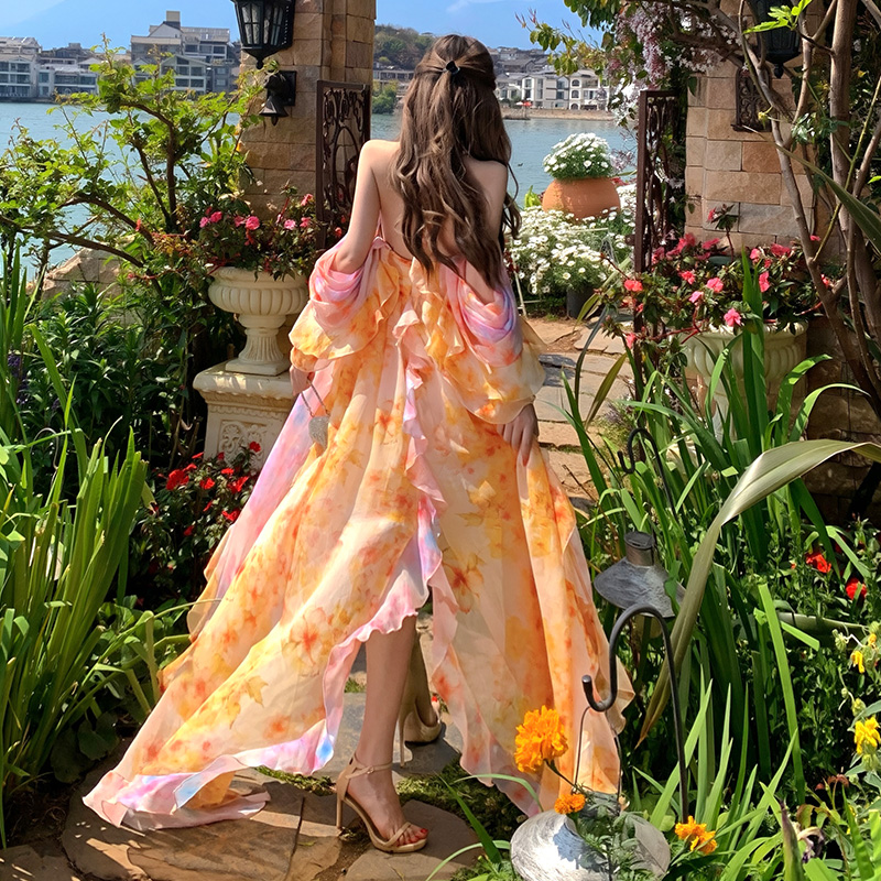 Halter irregular gradient floral tie dye dress for women