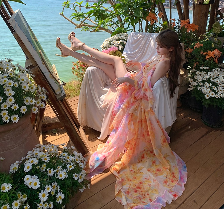 Halter irregular gradient floral tie dye dress for women