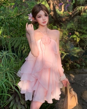 Halter vacation bandage lotus leaf edges big flowers dress