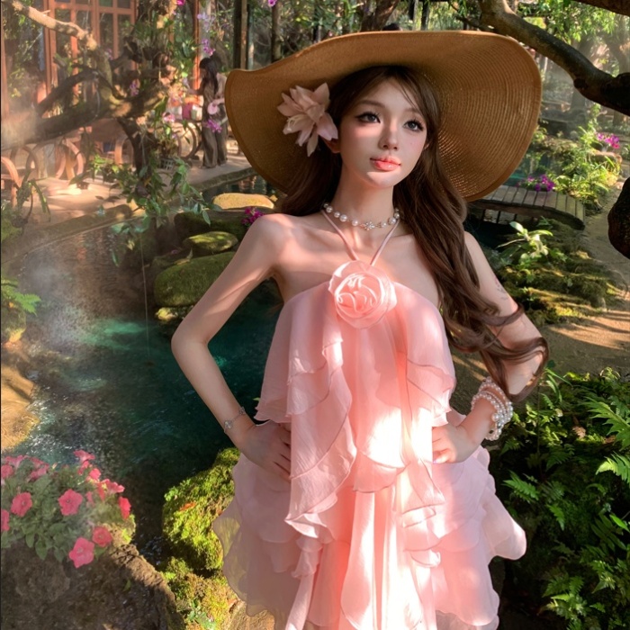 Halter vacation bandage lotus leaf edges big flowers dress