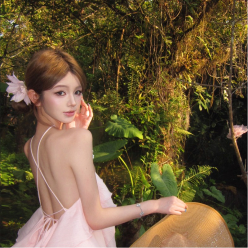 Halter vacation bandage lotus leaf edges big flowers dress