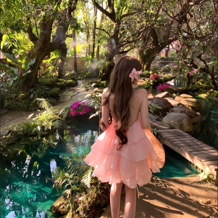 Halter vacation bandage lotus leaf edges big flowers dress
