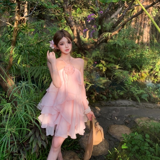 Halter vacation bandage lotus leaf edges big flowers dress