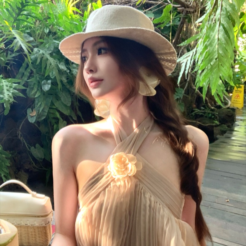 Vacation summer France style long dress romantic halter shawl
