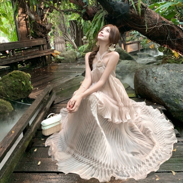 Vacation summer France style long dress romantic halter shawl