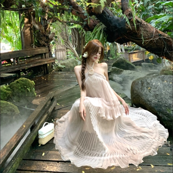 Vacation summer France style long dress romantic halter shawl