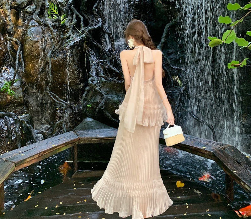 Vacation summer France style long dress romantic halter shawl