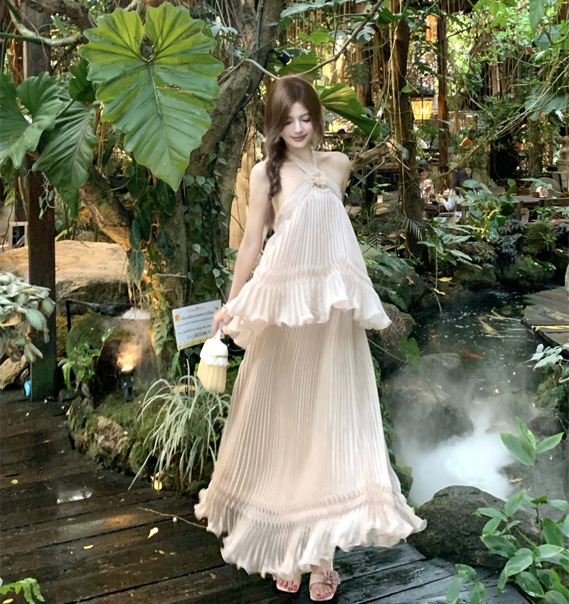 Vacation summer France style long dress romantic halter shawl