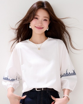 National style embroidery tops white T-shirt for women