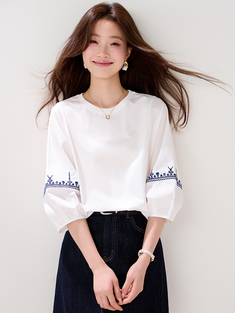 National style embroidery tops white T-shirt for women