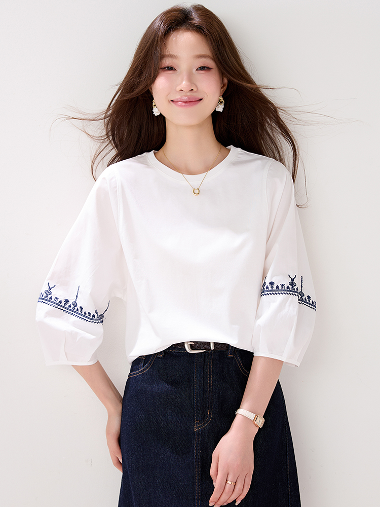 National style embroidery tops white T-shirt for women