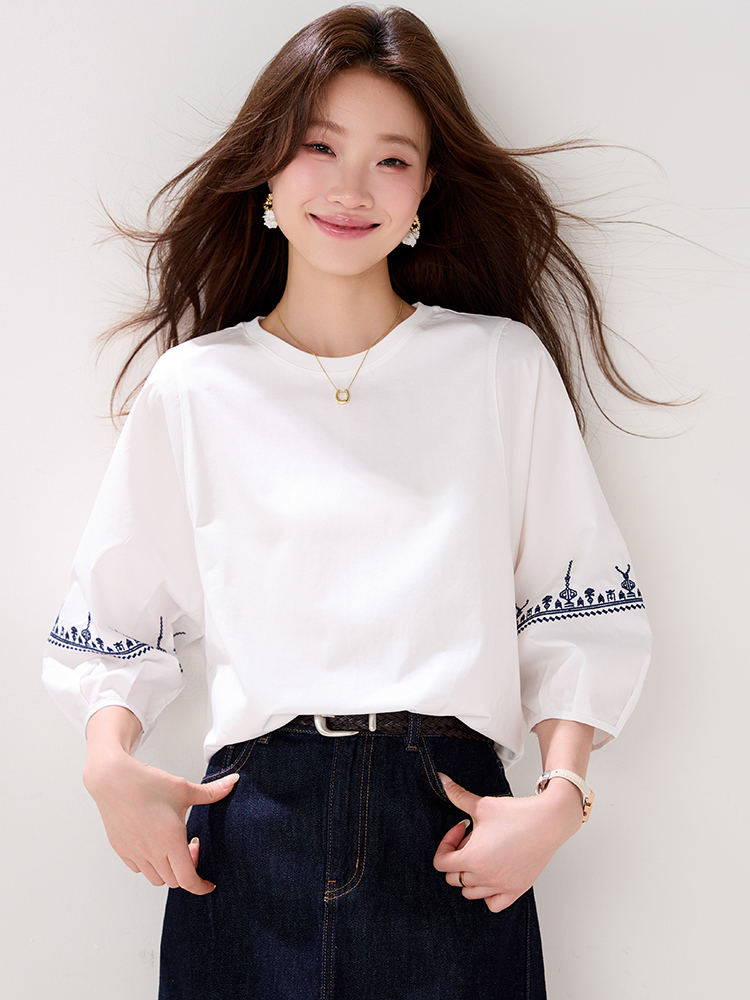 National style embroidery tops white T-shirt for women