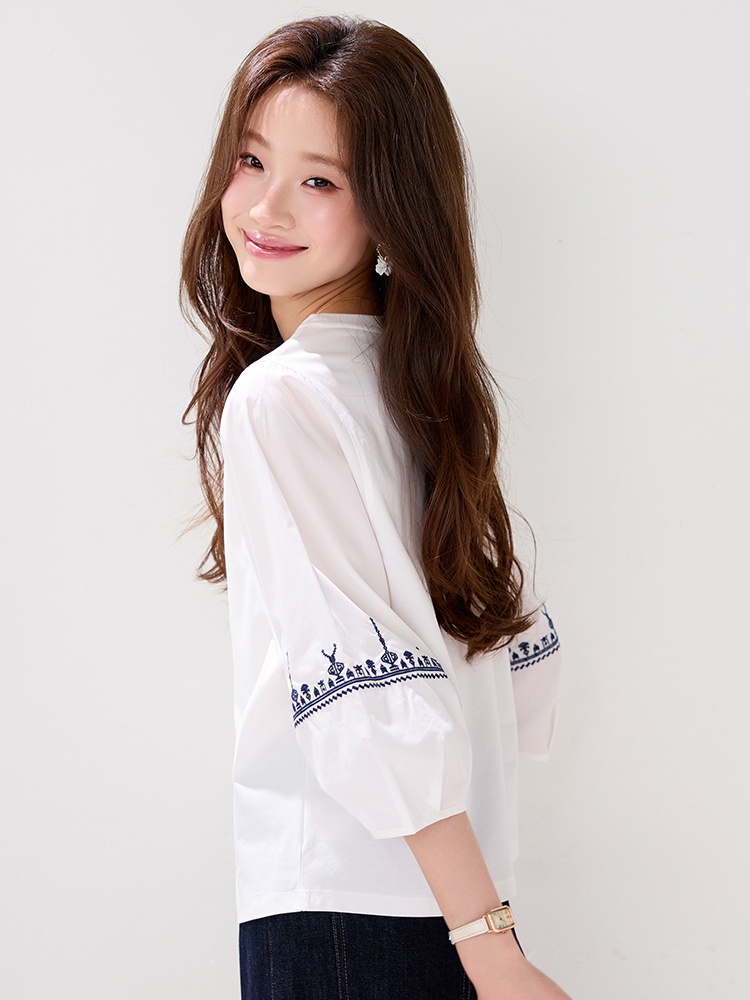 National style embroidery tops white T-shirt for women
