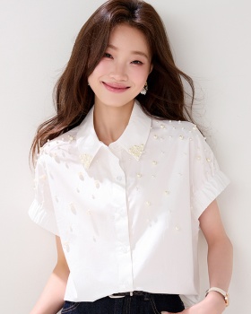 Fashion retro loose summer white beading shirt for women
