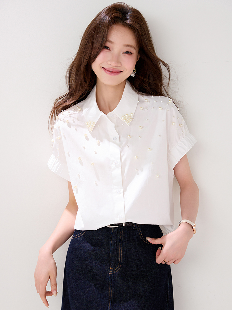 Fashion retro loose summer white beading shirt for women