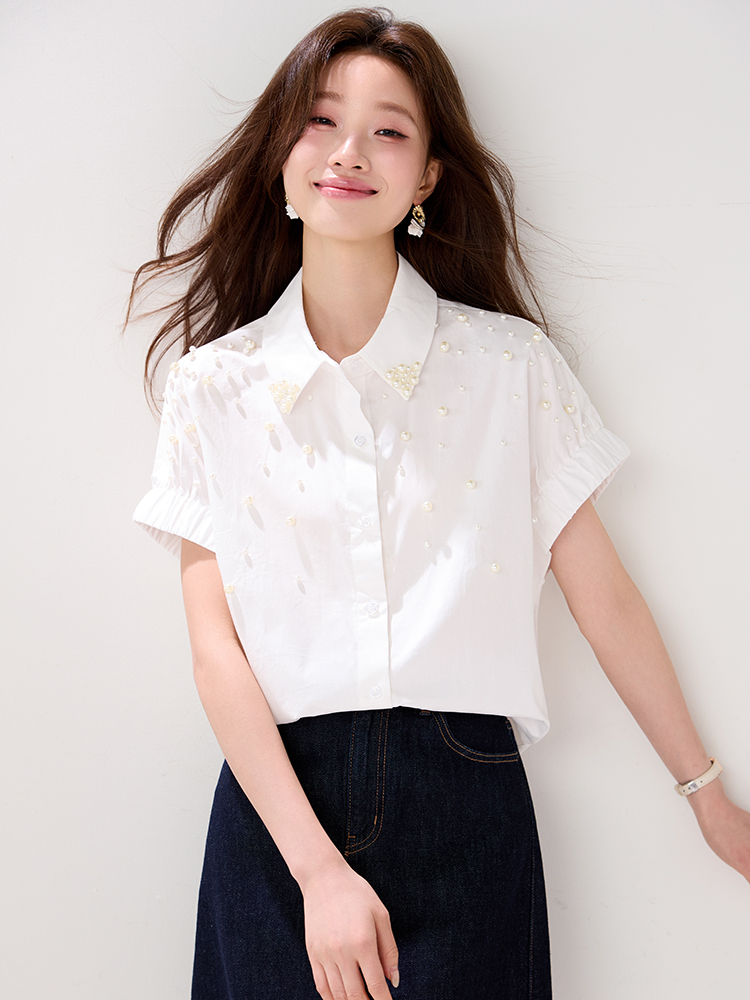Fashion retro loose summer white beading shirt for women