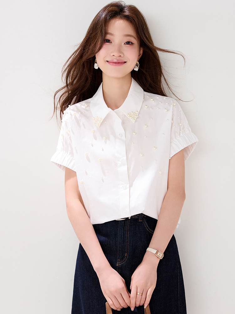 Fashion retro loose summer white beading shirt for women