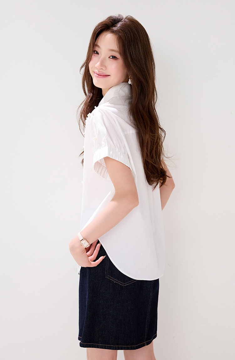 Fashion retro loose summer white beading shirt for women