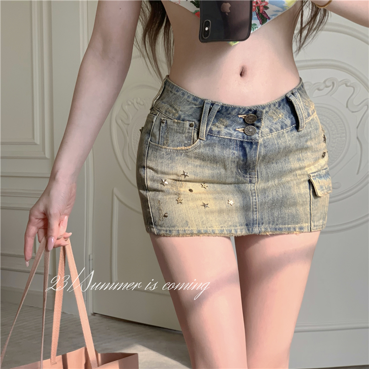 Slim summer retro skirt package hip denim rivets short skirt