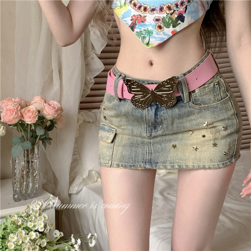 Slim summer retro skirt package hip denim rivets short skirt