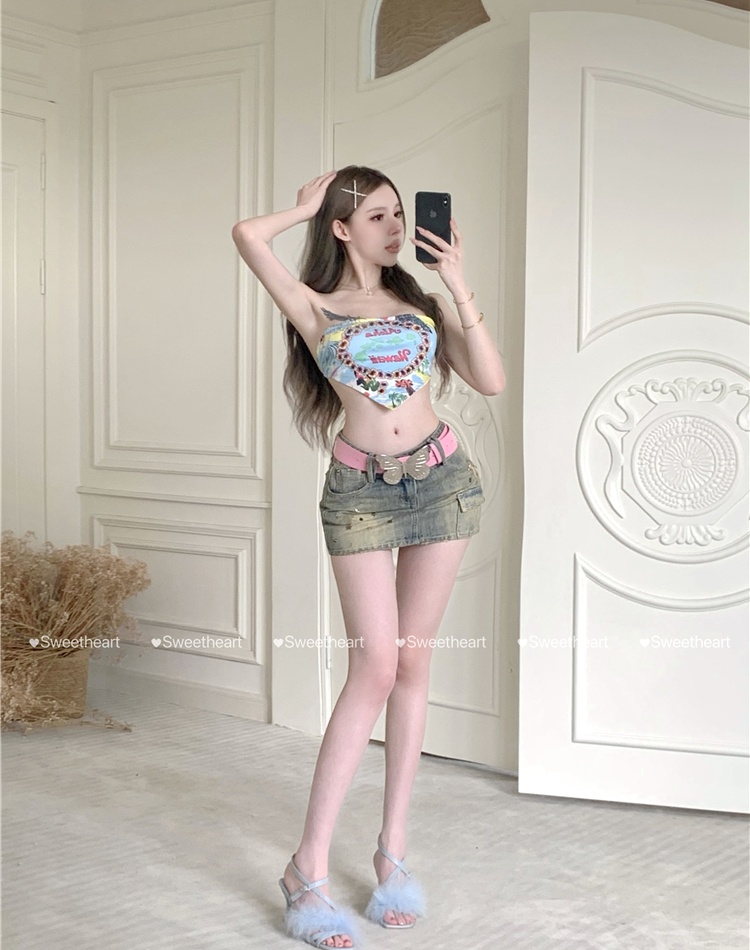 Slim summer retro skirt package hip denim rivets short skirt