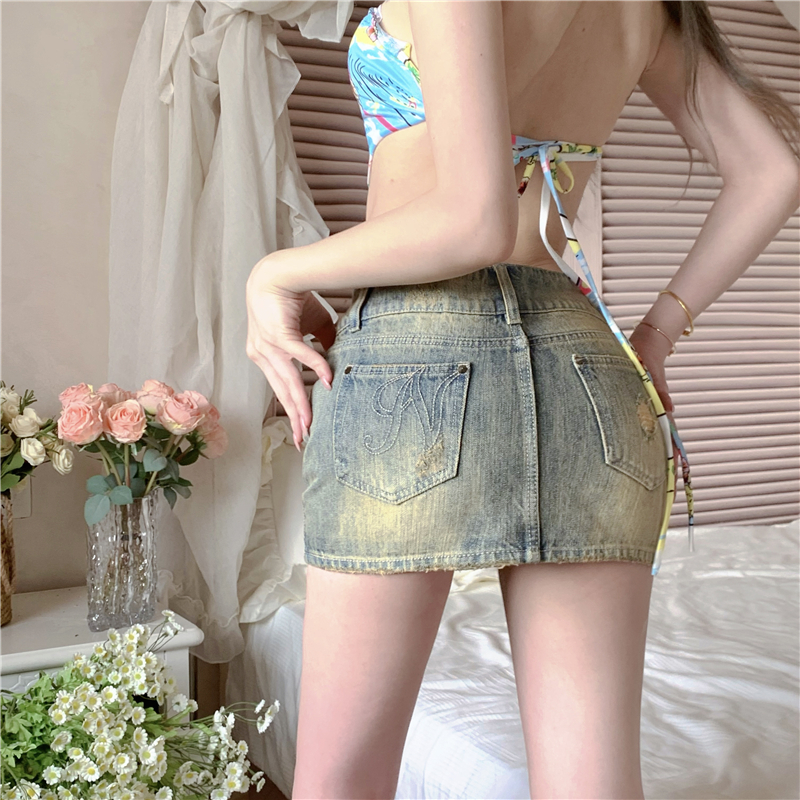 Slim summer retro skirt package hip denim rivets short skirt