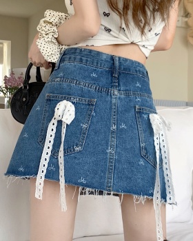 Lace bow splice denim skirt package hip A-line frenum skirt