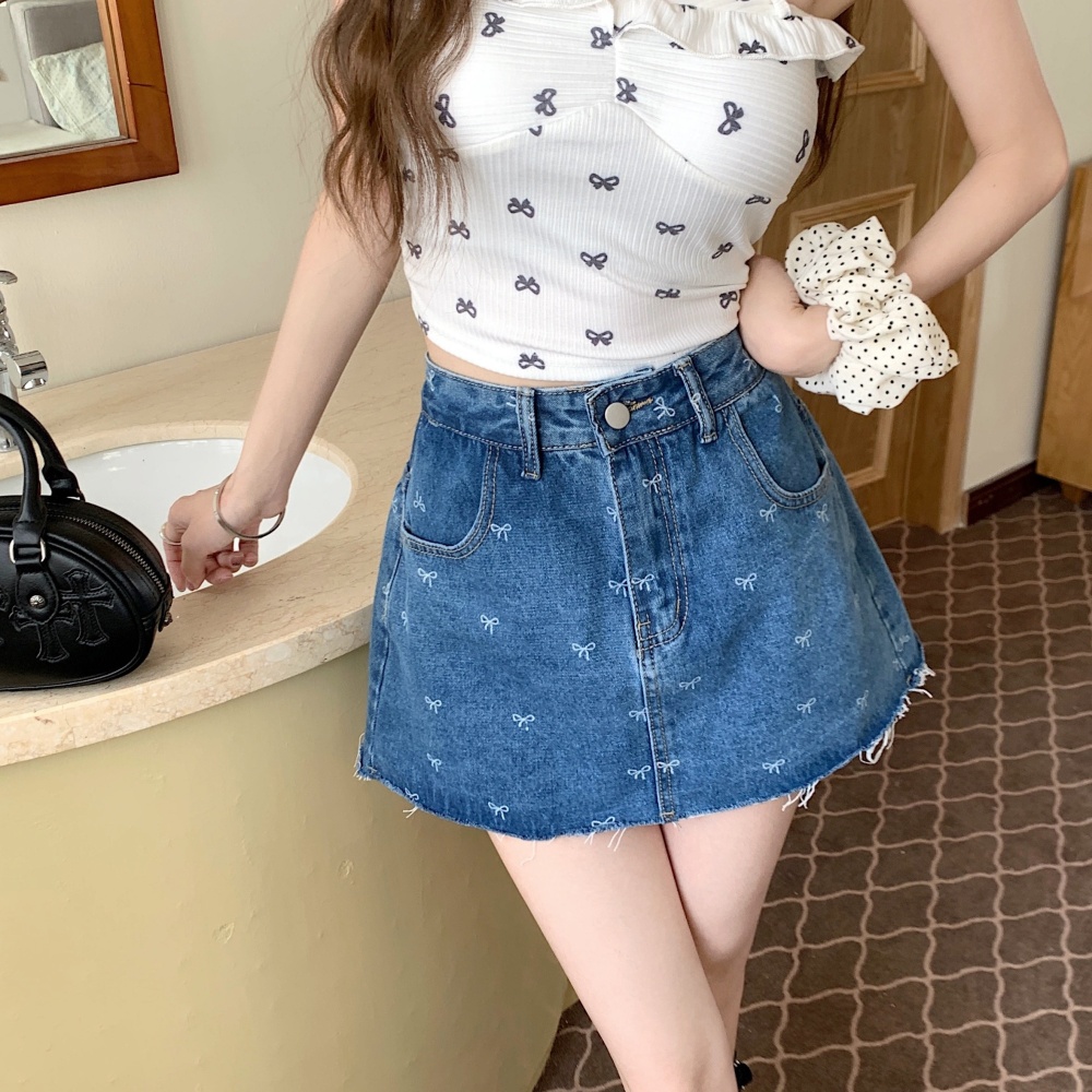 Lace bow splice denim skirt package hip A-line frenum skirt