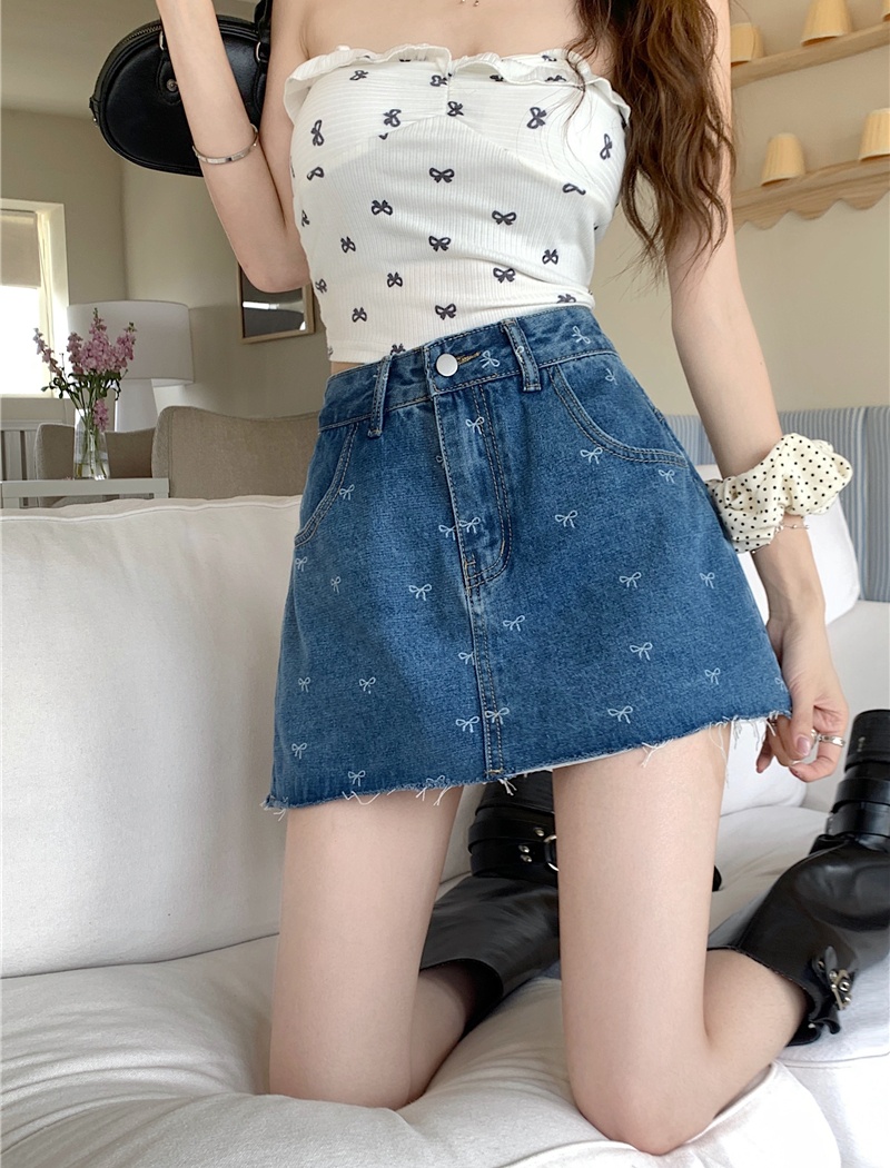 Lace bow splice denim skirt package hip A-line frenum skirt