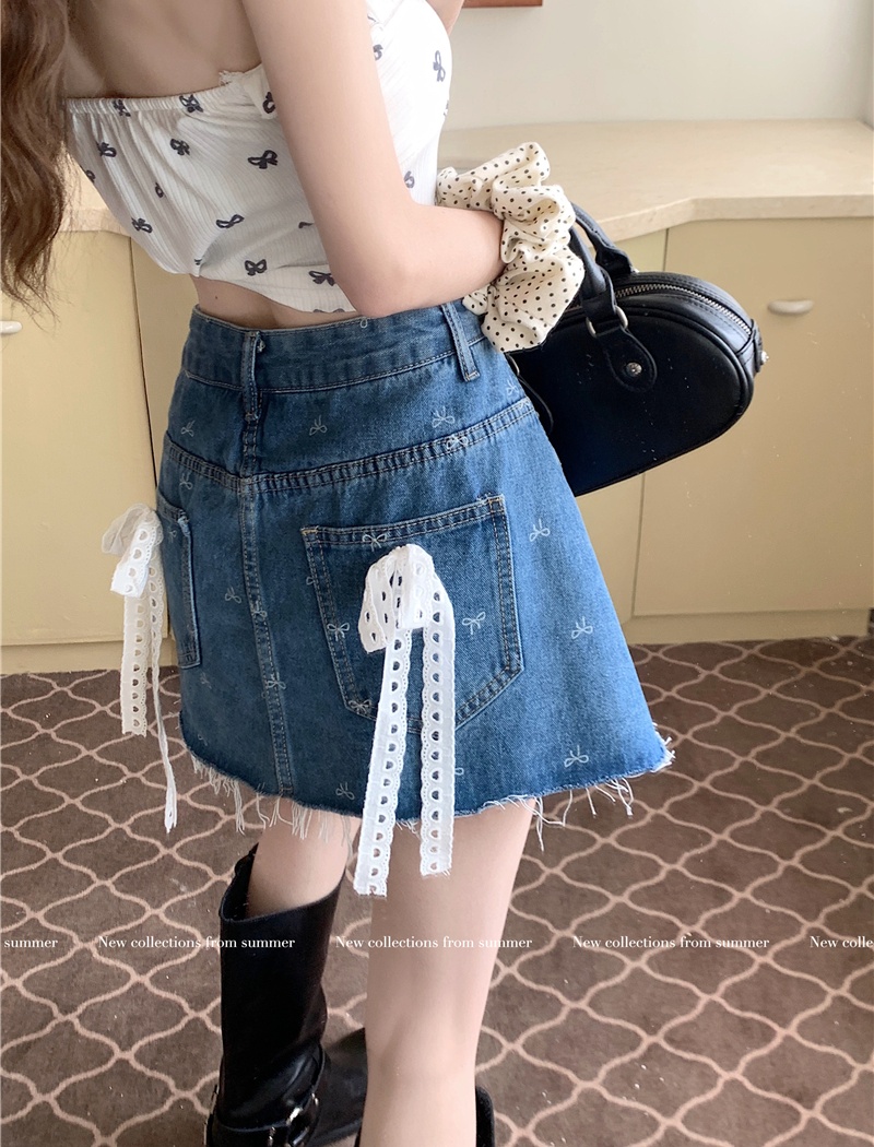 Lace bow splice denim skirt package hip A-line frenum skirt
