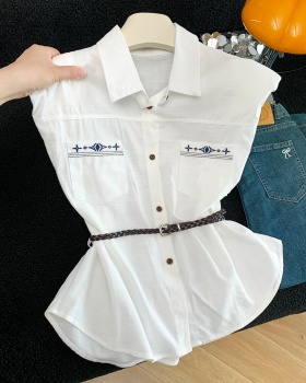 Loose pinched waist tops embroidery slim shirt for women