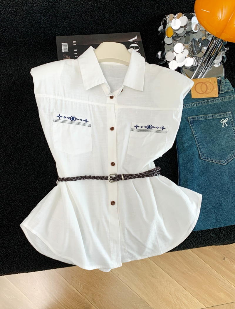 Loose pinched waist tops embroidery slim shirt for women