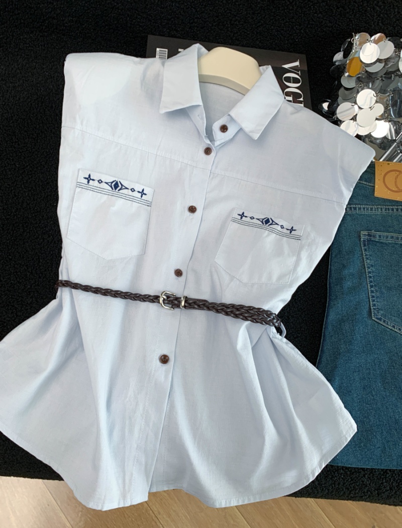 Loose pinched waist tops embroidery slim shirt for women