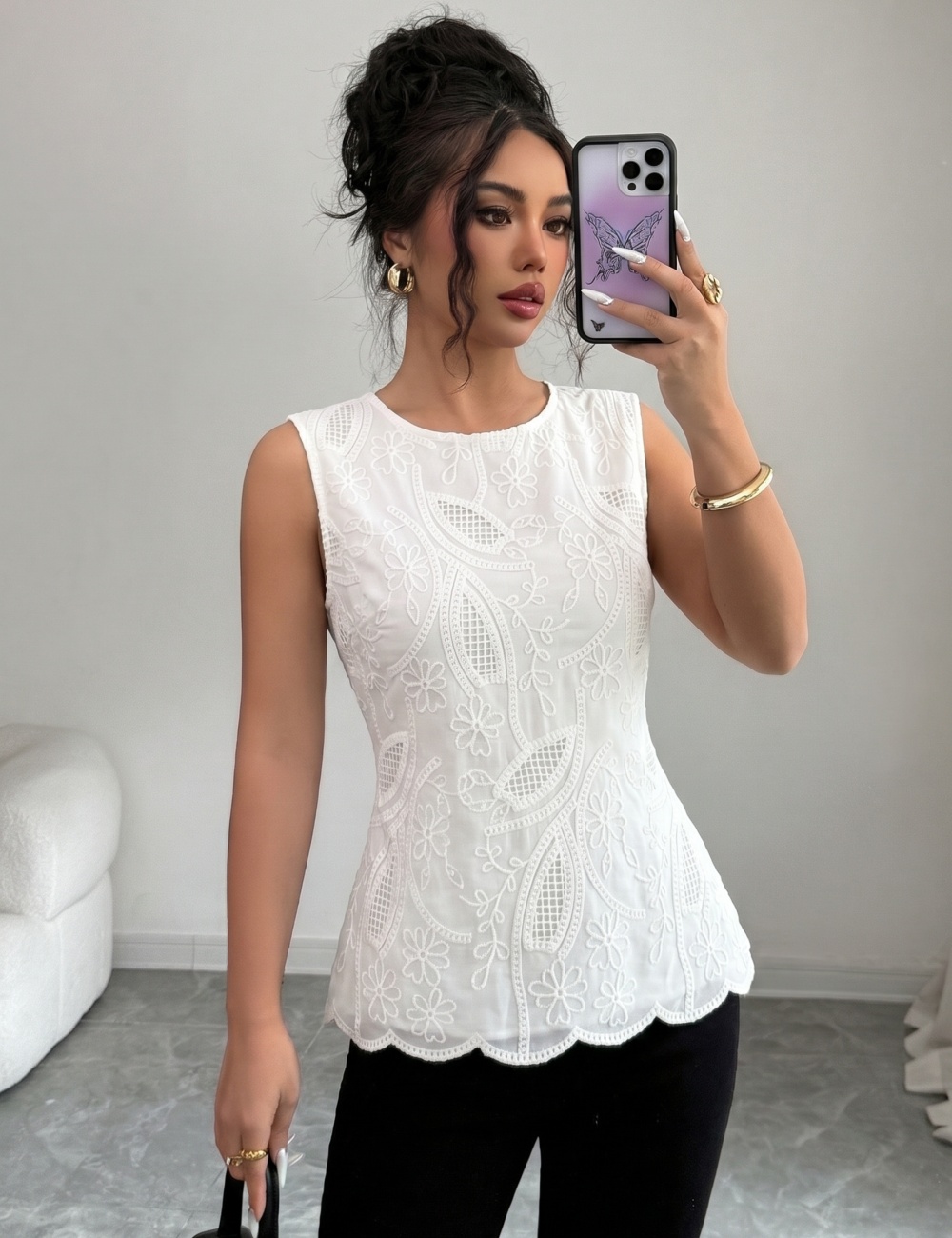 Round neck all-match fashion simple embroidery shirt