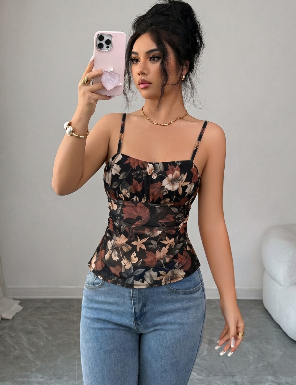 Flowers mesh fold summer all-match vest for women