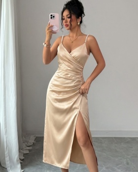 Cross collar slit summer elegant pure pinched waist dress