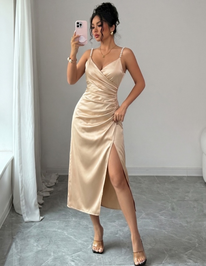 Cross collar slit summer elegant pure pinched waist dress