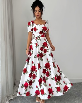 Long printing rose elegant summer dress for women