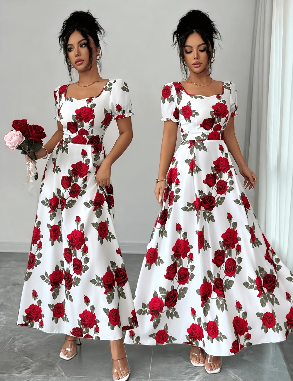 Long printing rose elegant summer dress for women