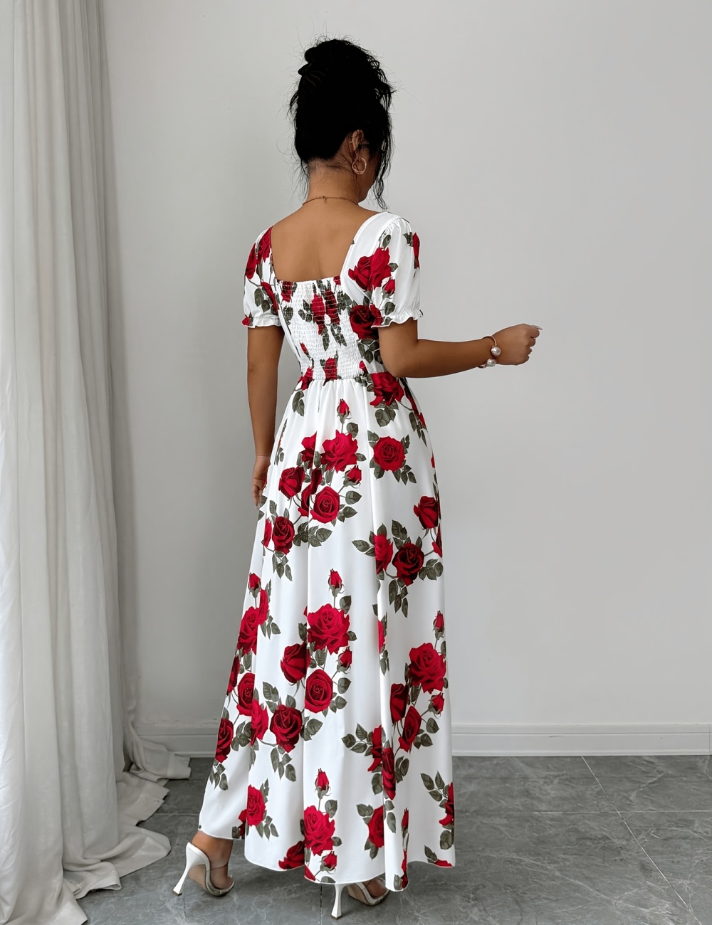 Long printing rose elegant summer dress for women