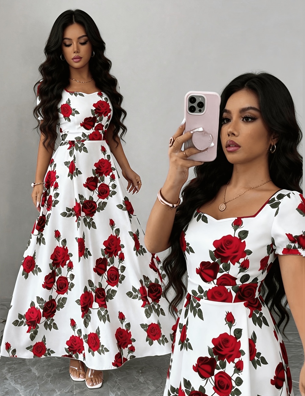 Long printing rose elegant summer dress for women